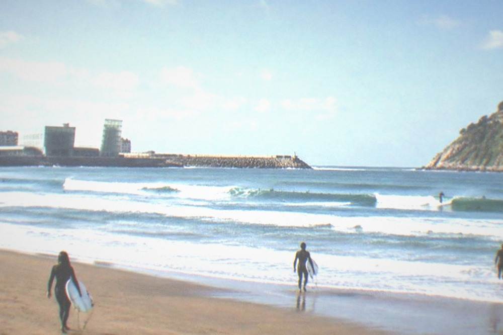The Kursaal glass cubes beside Zurriola beach seen across the River Urumea