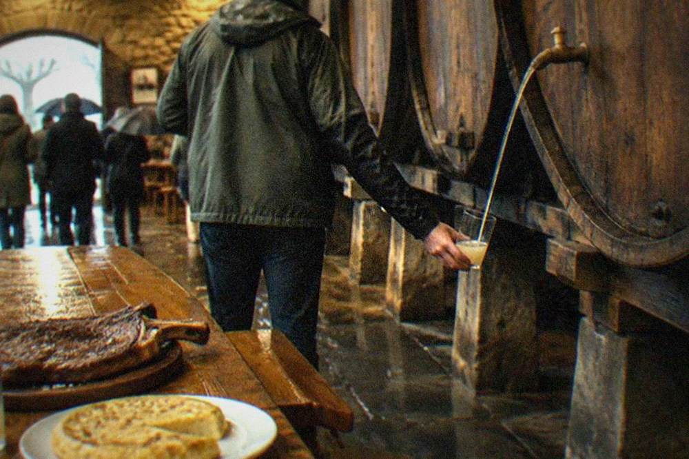 A cider barrel with a thin stream of Basque cider pouring from the txotx tap
