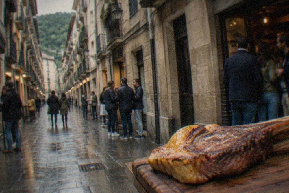 A raw thick-cut bone-in beef rib steak with a yellow fat cap on a wooden board