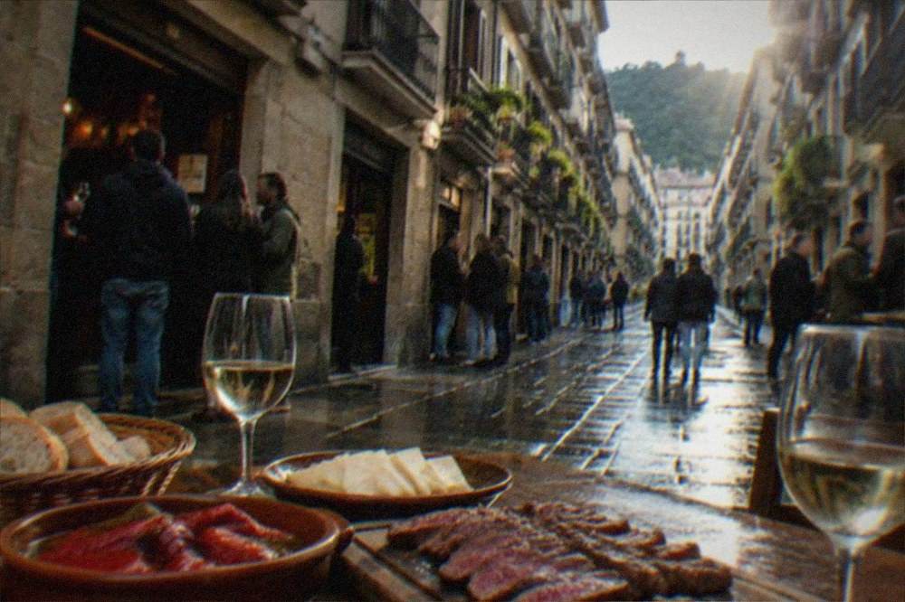 A rustic Basque table set with bread, roasted peppers, cheese and a board of sliced steak