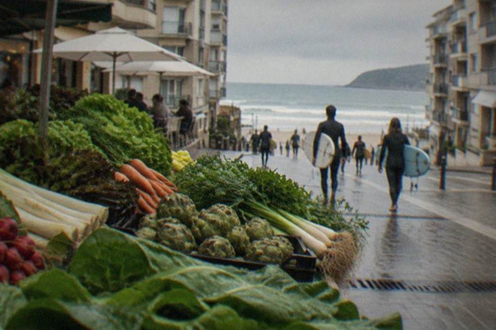 Fresh vegetables and greens stacked at an outdoor produce stall in a Basque market