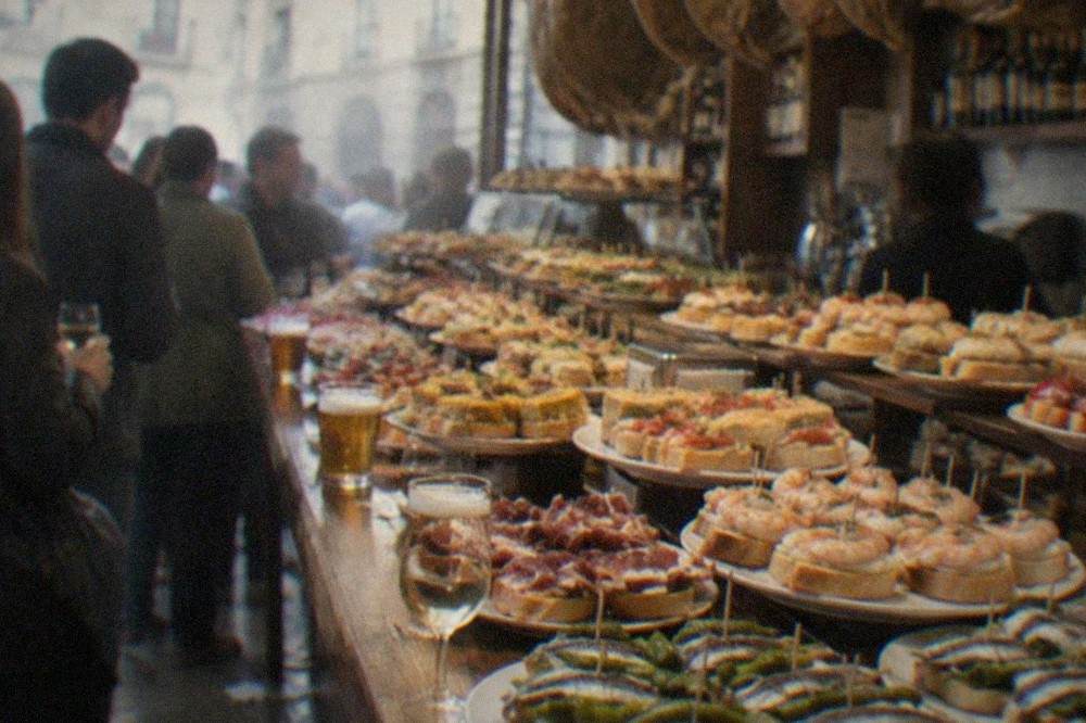 Pintxos arranged on a bar counter in the Old Town of San Sebastián