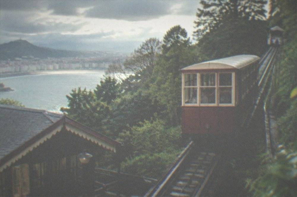 The funicular station at Monte Igueldo with wooden rail cars on the track