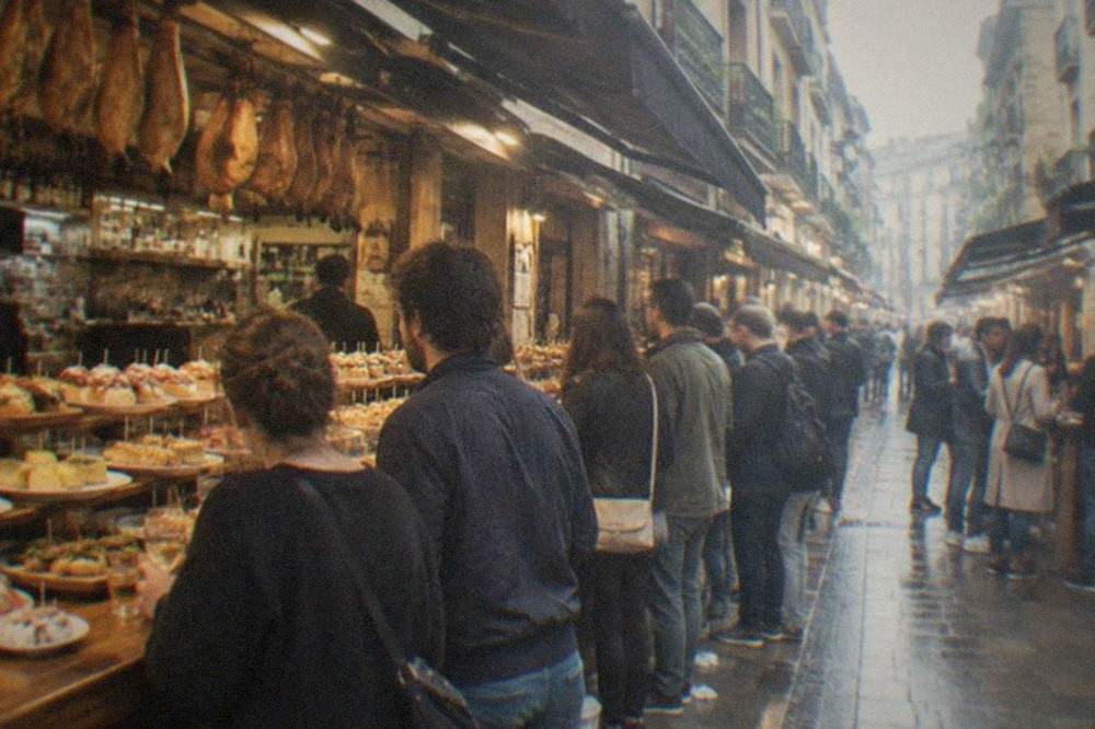 A pedestrian street in the Old Town in the evening, pintxo bars with people standing outside under awnings
