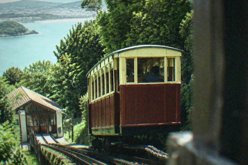 The rack funicular on Monte Igueldo with its wooden car climbing the hillside