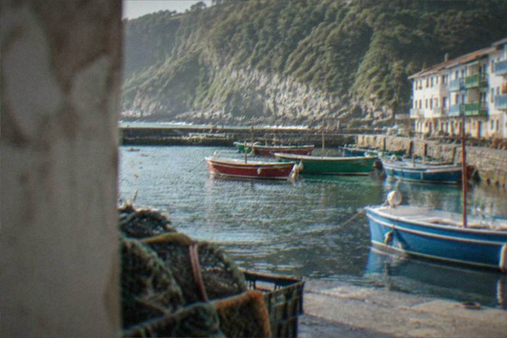 A small fishing harbour with wooden boats and green cliffs behind the water