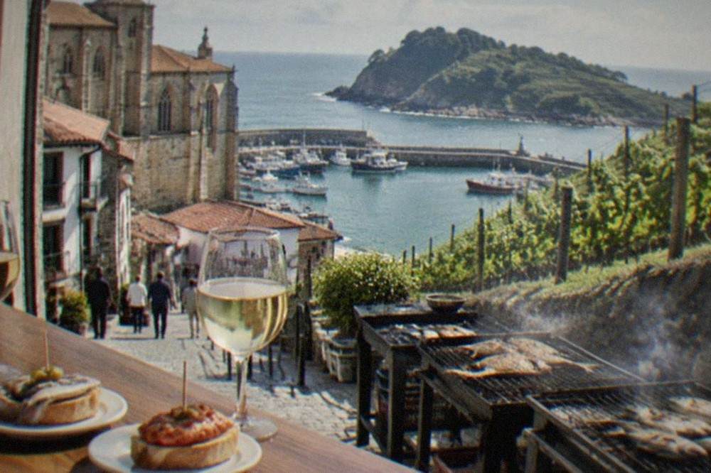 Two glasses of txakoli wine and pintxos on a bar counter in a San Sebastián old town tavern