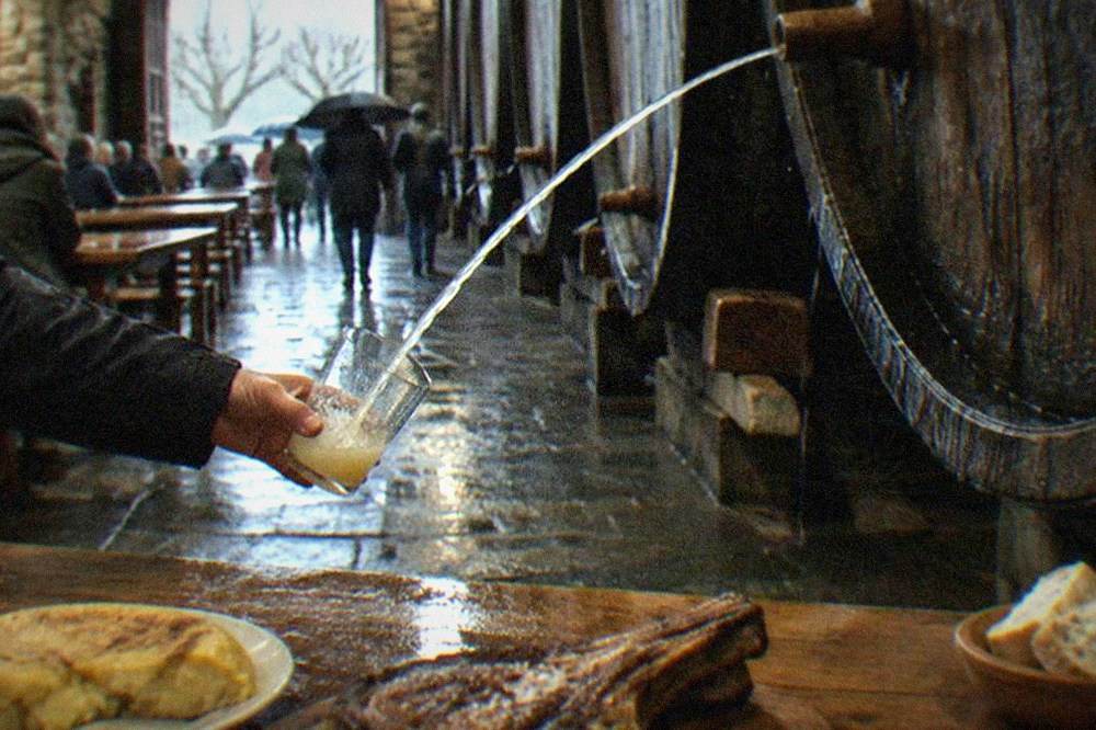 A stream of cider pouring from the txotx hole in a barrel at a Basque cider house