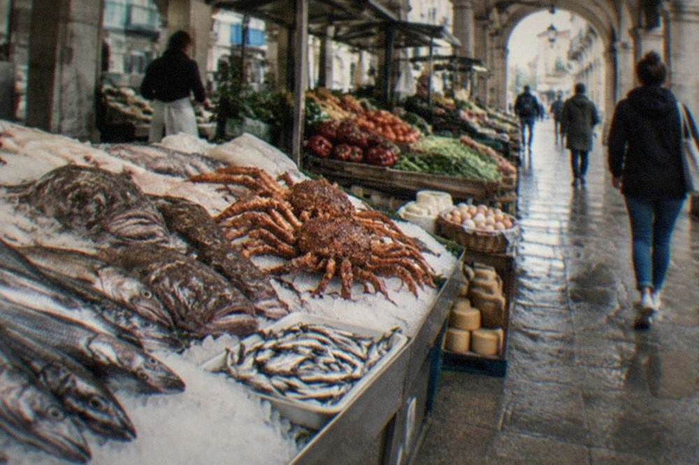 A market stall with fresh fish and produce displayed for a cooking class shopping visit