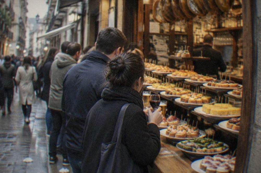 A narrow Old Town street with pintxo bars and people walking in the evening