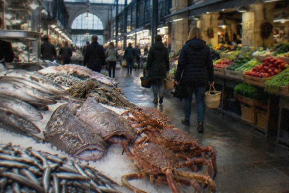 A market hall interior with produce stalls and shoppers carrying baskets